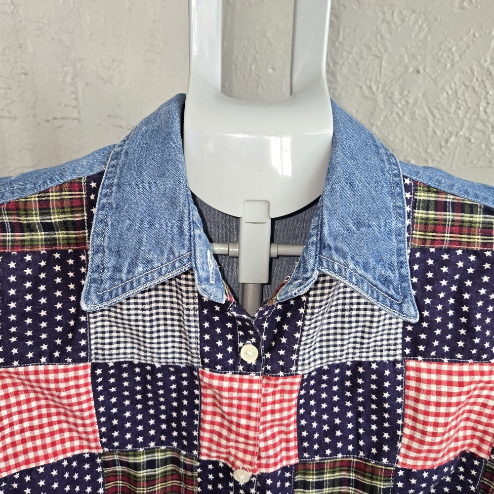 Vintage Patchwork Button Down Shirt Gingham Plaid… - image 3